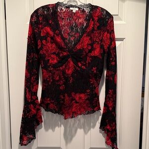 Cache Red and Black Floral Lace Top